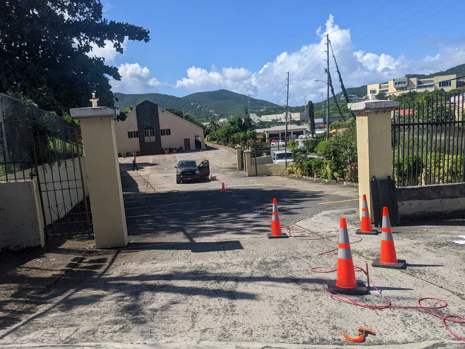 GeoTrax Survey™ electrode stakes installed in pre-drilled holes through asphalt for subsurface imaging